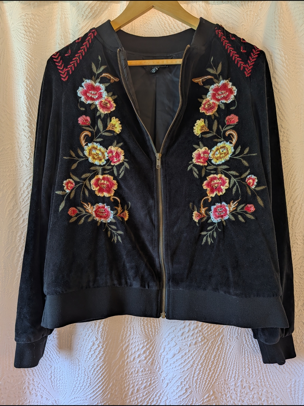 torrid Black Velvet Bomber Jacket with Floral Embroidery